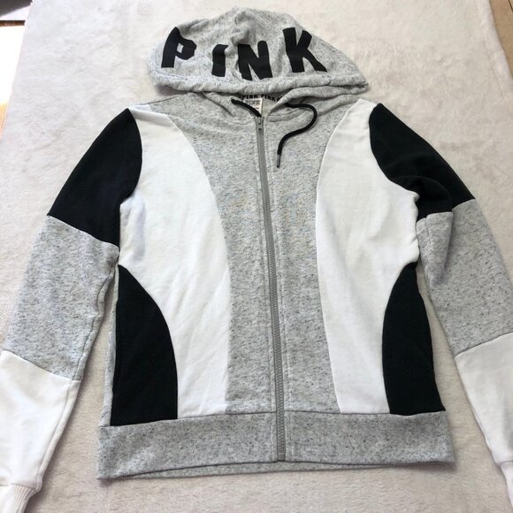 PINK Victoria's Secret Full Zip Up Color Block Hoodie Black/White/Grey XS - Picture 3 of 14